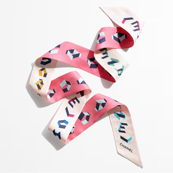 🆕💕CHANEL 100% Silk 2-Side Jacquard Slim Bandeau Twill • Ecru & Rose/Pink • NWT - Picture 2 of 5